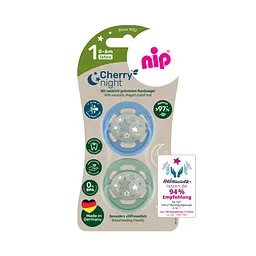 Пустушка латексна кругла для дітей 0–6 місяців NIP Cherry Night арт. 38869-51 2 шт. зелений/блакитний