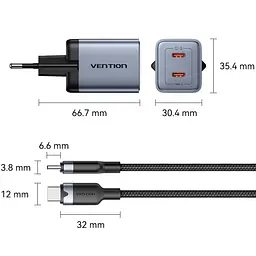 Зарядний пристрій 2xUSB-C 45W PD3.0/QC/GaN + USB-C cable М-М чорний Vention - мініатюра 3