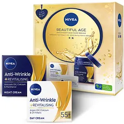 Набір жіночий Nivea Beautiful Age 2023: Денний крем для обличчя проти зморшок і ревіталізація 55+ 50 мл + Нічний крем для обличчя проти зморшок і ревіталізація 55+ 50 мл - мініатюра 2