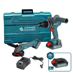 Konner & Sohnen Набір із двох акумуляторних інструментів KS IDAGB 20V SET 1 PLUS 20В шурупокрут-дриль ударний, шліфмашина кутова KS AGB20V-125VR, ЗП 2.4А акб 1х2А·год+1х4А·год кейс 8.1кг