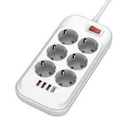 Фільтр мережевий ColorWay, 6 розеток, 2 м, білий, 1xType-C (20 Вт, PD3.0), 3xUSB (18 Вт, QC3.0), провід з міді (до 2500 Вт), 10A