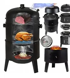 Садова коптильня на вугільному грилі з вогнищем 3 в 1 MalTec Coal Curron SmokeHouse GM8000 із термометром, мангал, чорна, 108085 - мініатюра 4