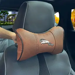 Подушка на підголівник з логотипом Jaguar Екошкіра 3D Кольоровий лого Коричневий-Коричневий кант 1 шт