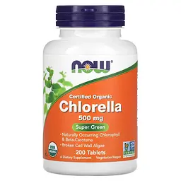 NOW Органічна Хлорелла, Organic Chlorella 500 мг - 200 таблеток