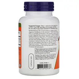 Натуральна добавка NOW Betaine HCl 648 mg, 120 вегакапсул - мініатюра 3