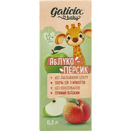 Упаковка натурального яблучно-персикового соку Galicia Baby з м’якоттю 1.8 л (0.2 л x 9 шт.) - мініатюра 2