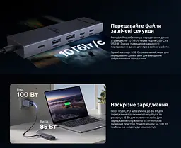 USB-C хаб UGREEN Revodok Pro CM818 6 в 1 HDMI до 4K 60 Гц 2 USB-A та 2 USB-C для даних USB 3.2 Gen 2 до 10 Гбіт/с вхід USB-C PD 3.0 до 100 Вт наскрізне заряджання ноутбука до 85 Вт HDMI потребує USB-C з відеовиходом заряджання потребує приймання живлення USB-C для 85 Вт потрібні зарядний пристрій PD 100 Вт і кабель Windows macOS Linux без драйверів Steam Deck ROG Ally індикатор алюмінієвий корпус вбудований кабель 20 см космічний сірий (45363) - мініатюра 3
