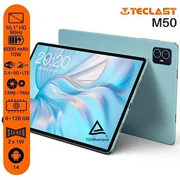 Планшет Teclast M50 10.1" 6ГБ 128ГБ LTE 6000мАгод Android блакитний - мініатюра 3