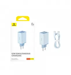 Мережевий зарядний пристрій Baseus GaN6 Pro Fast 2C+2U 65 W Cable Type-C to Type-C 1 м P10162701313-00 Блакитний - мініатюра 2