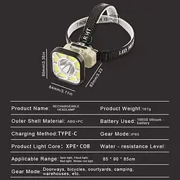 Налобний ліхтар 826X-XPE+8COB білий, червоний велокріплення USB Type-C 1×18650 Чорний - мініатюра 3