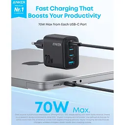 Зарядний пристрій Anker A121-CG11 GAN Charger 70 W, 3xUSB-C, 1xUSB-A, Black - мініатюра 2