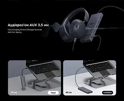 Док-станція USB-C UGREEN Revodok Pro CM886 12-в-1 2 HDMI 2.0 та DisplayPort 1.4 для одного дисплея DP до 4K 120 Гц або HDMI до 4K 60 Гц до трьох дисплеїв macOS однакове зображення на зовнішніх екранах потрібен USB-C з DP Alt Mode 2 USB-C 3.2 Gen2 до 10 Гбіт/с лише дані та 2 USB-A 2.0 вхід USB-C PD 100 Вт ноутбук до 85 Вт із зарядним пристроєм PD 100 Вт і кабелем 100 Вт RJ45 до 1000 Мбіт/с SD/microSD до 170 МБ/с аудіовихід 3,5 мм кабель 40 см космічний сірий (55767) - мініатюра 7
