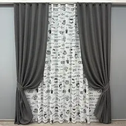 Комплект штор з тюлем VR-Textil Льон Мішковина, графітовий з білим, 2 штори 100×270 см + тюль 300×270 см, арт. 71-064/1