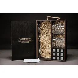 Подарунковий набір Whiskey Stones камені для віскі у дерев'яному пеналі №7 + 2 склянки Bohemia Diamond + щипці + мішечок - мініатюра 2