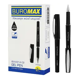 Ручка гелева Buromax Strong з гумовим гріпом чорна 0.7 мм упаковка 12 шт. (BM.8314-02)