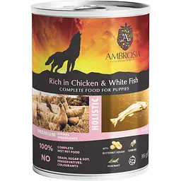 Вологий корм для цуценят Ambrosia Wet Food банка шматочки в паштеті з куркою та білою рибою 395 г