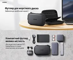 Защитный футляр для жёсткого диска и аксессуаров UGREEN LP128 малый 16,5 × 9,5 × 4,5 см органайзер для накопителя 2,5″ с защитой от брызг с оболочкой EVA и противоударной подкладкой с эластичными фиксаторами с сетчатым карманом для кабелей с мягкой перегородкой чёрный (40707) - миниатюра 6