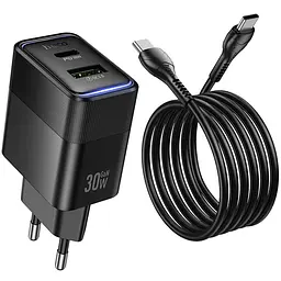 Мережевний зарядний пристрій Hoco CS112A Lounge PD30W+QC3.0 1USB-A/1C + кабель Type-C to Type-C Black - мініатюра 3