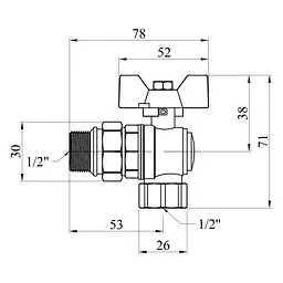 Кран-американка кульовий кутовий Kroner 1/2" ВЗ PN40 метелик, нікельований (CV033223) - мініатюра 4