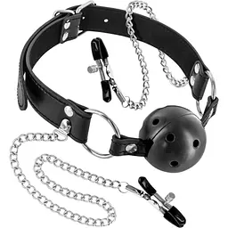 Повітропроникний кляп із затискачами для сосків Fetish Tentation Rigid Gag Ball With Nipple Clamps