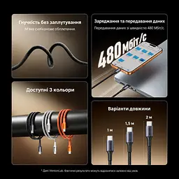 Кабель Vention TSGBG USB-C - USB-C PD 100 Вт 1,5 м чорний (TSGBG) - мініатюра 13