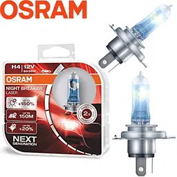 Автолампа галогенна Osram Night Breaker Laser +150% 12V H4 60/55W 2 шт Оригінал (64193 NL-ВОХ)