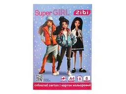 Картон кольоровий ZIBI 8 аркушів двосторонній (целюлозний) SUPER GIRL, А4, 8 кол., 215 г/м2, KIDS Line ZB.1959-10