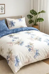 Комплект постільної білизни Ecotton полуторний 150х215 см Квіти двосторонній білий \ синій (21003АВ) (23347)