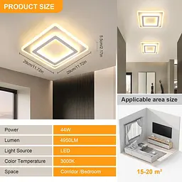 Toolight LED Стельовий світильник Square, 44W 4950LM Сучасний акриловий світлодіодний стельовий світильник білого кольору, яскраві - мініатюра 8