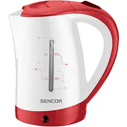 Електрочайник Sencor 0.5 л, Strix, пластик, в комплекті 2 склянки + 2 ложки, біло-червоний