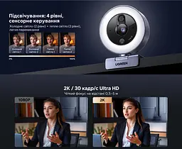 Вебкамера з підсвічуванням UGREEN CM910 2K 30 кадр/с з роз’ємом USB-C із сенсорним перемиканням (65857) - мініатюра 3
