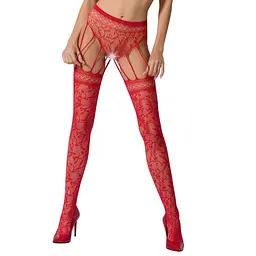 Еротичні колготки-бодістокінг Passion S003 red, імітація мереживних панчіх та трусиків, S/M/L