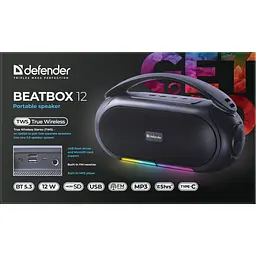 Акустична система 1.0 Defender Beatbox 12, 12Вт, Bluetooth/RGB/FM/USB/TF/MIC/ чорна - мініатюра 7
