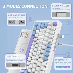 Клавіатура Attack Shark X85 White Jade Bluetooth/Wireless/USB White-Purple + Coiled Cable (G-000004447) - мініатюра 8