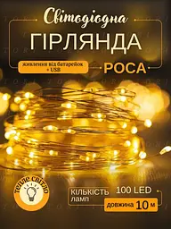 Світлодіодна новорічна LED гірлянда-нитка “Краплі роси” 100 LED 10 м, на батарейках + USB (теплий білий) - мініатюра 2