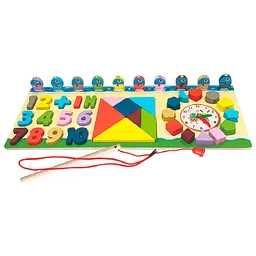Розвиваюча іграшка Limo Toy Дощечка MD 1603, 6 в 1 рибалка, годинник, танграм, цифри, шнурівка, фігури