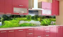 Вініловий кухонний фартух Будиночок на Озері наклейка для кухні дерева річка Природа Зелений Happy Pocket Z181768 - мініатюра 2
