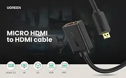Кабель Ugreen Micro HDMI штекер to HDMI 2.0 роз'єм 4K 60Hz 22CM Black (20134) - мініатюра 6