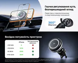 Магнітний автотримач із бездротовим заряджанням UGREEN MagFlow Pro W778 Qi2 до 25 Вт для iPhone 16–17 з iOS 26+ до 15 Вт для iPhone 12–15 для 25 Вт потрібен адаптер PD від 45 Вт на одному порту без чохла або з MagSafe активне охолодження TEC і вентилятор кріплення на вертикальну/горизонтальну решітку обертання 360° LED-індикатор кабель USB-C ↔ USB-C 1,5 м у комплекті темно-сірий із чорним сріблястим оздобленням і білими написами (75250) - мініатюра 12