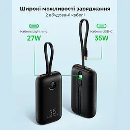 Зовнішній акумулятор VEGER 10000 mAh with built-in cables Type C / Lightning PD QC3.0 35W K1 (W1188) black (VG-W1188) - мініатюра 4