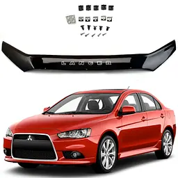 Дефлектор капота мухобойка Mitsubichi Lancer X 2007-2015 Довга Євро Кріплення (Voron Glass) MM30707