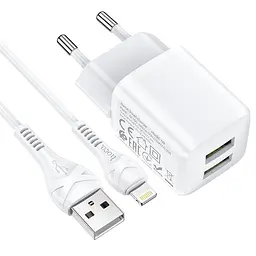Адаптер мережевий HOCO Lightning Cable Briar dual port charger set N8 2 порти USB 2.4A білий - мініатюра 7