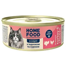 Повнораціонний консервований корм Home Food для дорослих котів з індичкою та куркою в соусі 85 г