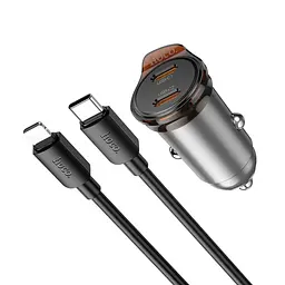 Автомобільний зарядний пристрій Hoco NZ16B 2 Type-C PD 45W metal grey + кабель Type-C to Lightning - мініатюра 3