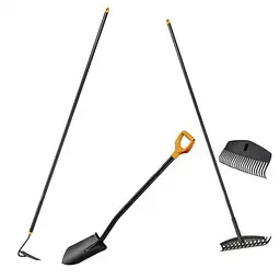 Комплект Fiskars для садових робіт: лопата, мотика та граблі
