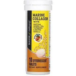 Морський колаген з матча, куркумою та біотином Mason Natural 5000 мкг смак персик манго 10 шипучих таблеток