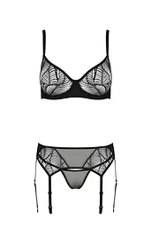 Комплект Passion LEAFA SET black, L/XL, мереживо+сітка, бюстгальтер на кісточках, стрінги, пояс для панчіх - мініатюра 3
