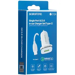 Автомобільний зарядний пристрій Borofone BZ12A QC 3.0 Type C Білий - мініатюра 2