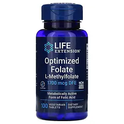 Фолат, Optimized Folate, Life Extensions, оптимізований, 1700 мкг DFE, 100 вегетаріанських таблеток Life Extension vit0001674