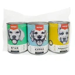 Набор 2+1 для собак Wanpy Мясной банкет кусочки+паштет, влажный корм, банка 3×375 г